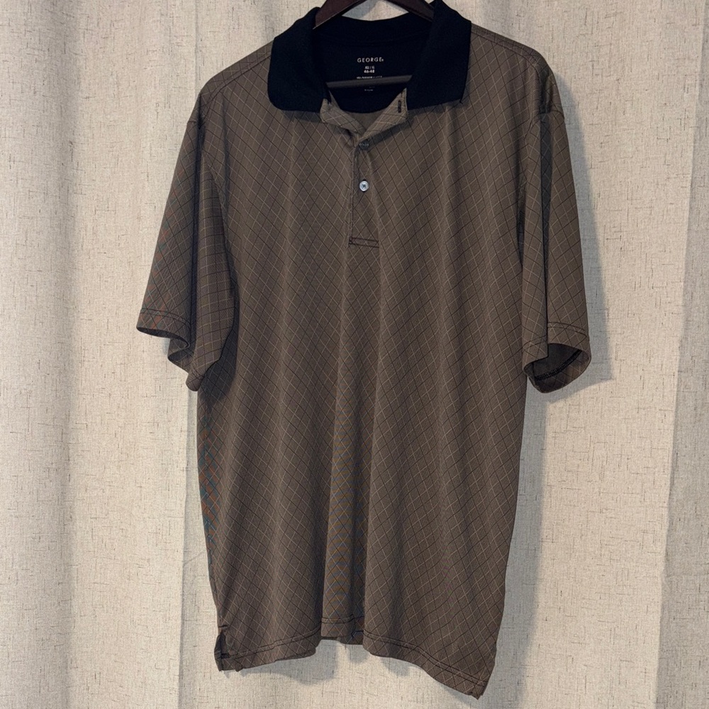 George Men's Polo Shirt with Black Collar and Brown Pattern